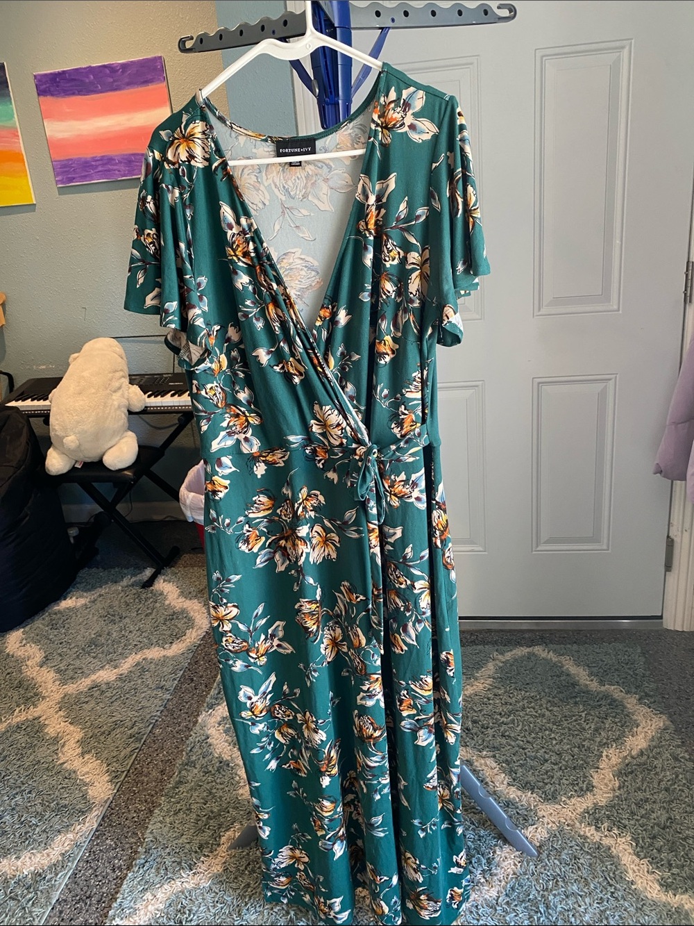 Green Floral Wrap Maxi Dress with Tie Waist
